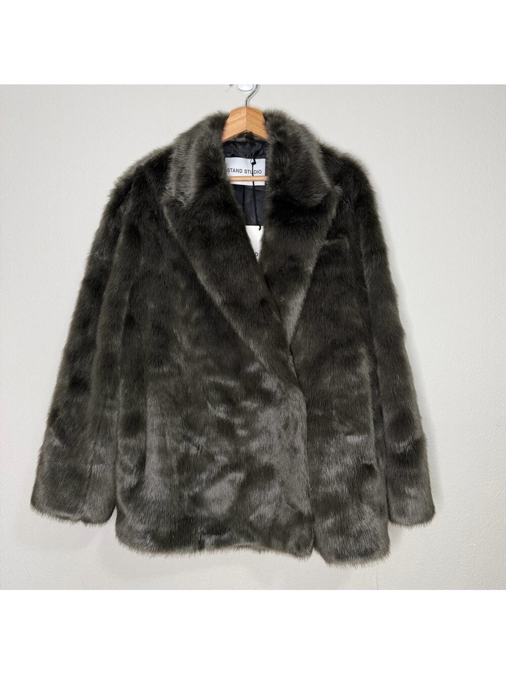 STAND STUDIO Saphira Faux Mink Fur Coat Charcoal Taupe Size 36